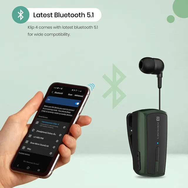 PORTRONICS Harmonics Klip 4 Bluetooth Headset with Mic (Upto 12 Hours Talk Time, In Ear, Green)